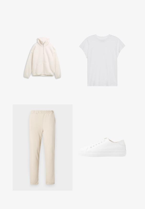 Valge pikkade varrukatega fliisist pullover, millel on veerand-suudme lukk, lai kaelus, elastsed mansetid ja elastne alläär.; Valge lühikeste varrukatega T-särk ümmarguse kaelusega, lõdnema sobivusega, valmistatud pehmest puuvillakangasest. Sile tekstuur, ilma mustrite ja logodeta.; Beesidist puuvillased püksid kogutud vöökohtadega, sirged sääred ja nähtavad mustrid puuduvad, omades siledat tekstuuri ja lihtsat serva.; Valged sünteetilised tennisetossud madala disainiga, ümmarguse varbaga, kuue aukuga ja tekstuurse kummist tallaga. Sile materjal minimaalsete aktsentidega.