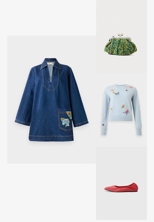Hellblauer Strickpullover mit bestickten Schmetterlingen, Bienen, Blumen und Blättern, die auf der Vorderseite und den Ärmeln verteilt sind.; Denim-Tunika mit tiefem V-Ausschnitt, langen Ärmeln, kontrastfarbigem gelbem Nähen und einer bestickten Tasche mit bunten Motiven.; Filippa K REY FLATS - Klassischer Ballerina - bright red; Clutch-Tasche aus grünem Stoff mit gelbem und blauem Blumenmuster, silbernem Metallrahmen und Kettenriemen. Das plissierte Design verleiht Struktur.