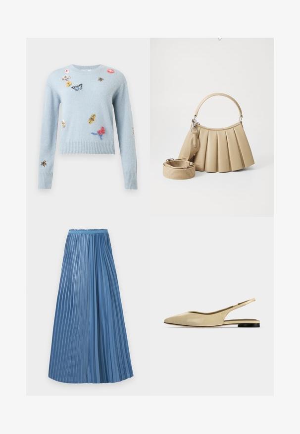 Pull en tricot bleu clair avec des papillons, abeilles, fleurs et feuilles brodés dispersés sur le devant et les manches.; Jupe plissée bleu longueur cheville avec des plis de largeurs inégales et une ceinture ajustée sur fond blanc.; Chaussure plate beige à bout pointu avec bride arrière, petit talon noir et finition en cuir lisse, vue de côté sur un fond uni.; Lacoste LENGLEN BAG - Sac à main - viennois