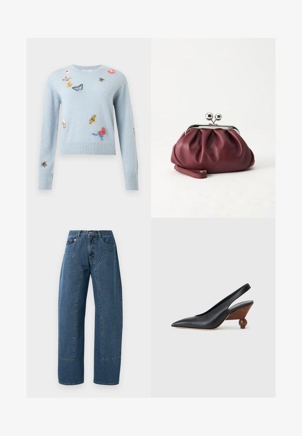 Lichtblauwe gebreide trui met geborduurde vlinders, bijen, bloemen en bladeren verspreid over de voorkant en mouwen.; Blauwe denim jeans met wijde benen, grote voorzakken, knoopsluiting en riemlussen.; Zwarte slingback schoen met een puntige neus, een houten blokhak met afgeronde hoeken en een bovenwerk van glad leer, op een lichtgrijze achtergrond.; Kleine bordeauxrode leren clutch-portemonnee met zilverkleurige metalen sluiting en polsbandje op een witte achtergrond.