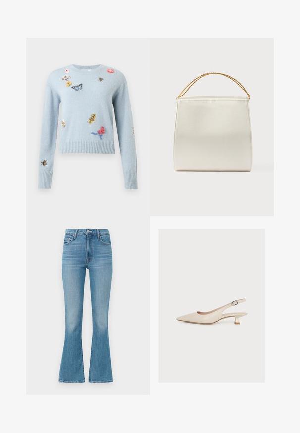 Lyseblå strikket sweater med broderede sommerfugle, bier, blomster og blade, der er spredt over for- og ærmer.; Lysblå flagrende jeans lavet af denim, med høj talje, fem-lomme design og minimalistisk syning med en falmet finish i kanten.; Beige slingback-sko med spids tå, lav kitten-hæl og en ankelrem med et lille spænde, vist på en ensfarvet hvid baggrund.; Struktureret taske i satinfinish, cremefarvet, med en kæde til skulderrem. Har en flad, glat tekstur og rene syninger.
