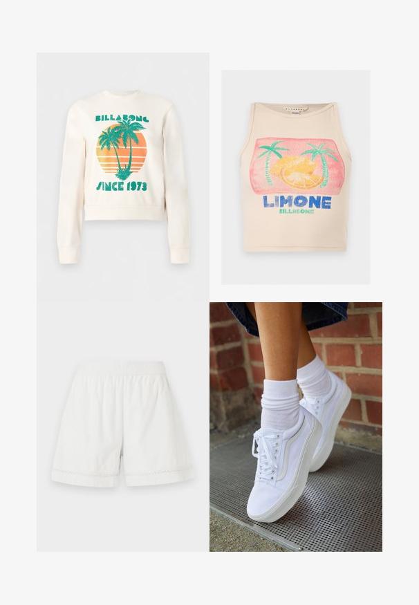 Kremfarvet sweatshirt med grønne palmetræer over en orange solnedgangscirkel, med teksten "Billabong" og "Since 1973" på fronten.; Beige ribbet croptop med et farverigt motiv af citron skiver, to palmer og teksten "LIMONE" og "BILLABONG" på fronten.; Hvide linned-shorts med elastisk talje, afslappet pasform og dekorativ blondekant ved kanten. Glat tekstur og afslappet design.; Hvide lærreds sneakers med gummisåler, der har seks snørehuller, rund tå og let sømdetaljer, krydret med hvide ankelstrømper.