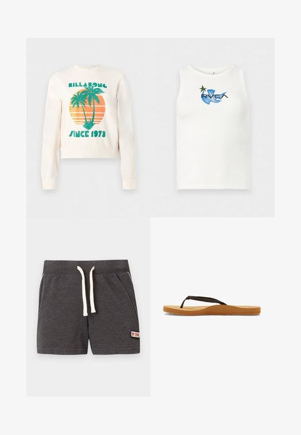 Sweatshirt crème avec des palmiers verts sur un cercle de coucher de soleil orange, avec les textes « Billabong » et « Depuis 1973 » sur le devant.; Débardeur blanc sans manches avec un motif abstrait bleu, une étoile verte, et le logo noir "RVCA" centré sur la poitrine.; Shorts en tricot gris foncé avec cordon blanc, ceinture élastique, poches latérales et petit patch logo Rip Curl sur la jambe droite inférieure.; Tongs à bride tressée marron avec une semelle souple et un pied en tan, dotées d'un design arrondi et d'une semelle en caoutchouc texturé pour une meilleure adhérence.
