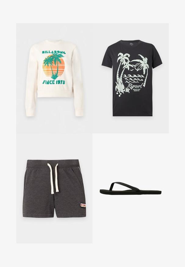 Crèmewitte sweatshirt met groene palmbomen tegen een oranje zonsondergangcirkel, met de tekst "Billabong" en "Since 1973" aan de voorkant.; Zwart T-shirt met witte afbeelding van palm bomen, golven, een vogel, een surfplank en de tekst "Rip Curl Quality Surf Products" op de voorkant.; Donkergrijze gebreide shorts met witte trekkoord, elastische tailleband, zijzakken en een kleine Rip Curl-logo patch aan het rechteronderbeen.; Zwarte flip-flops met een gestructureerde band en platte zool. De band heeft een subtiele glans. Eenvoudig ontwerp, lichtgewicht en flexibele vorm.