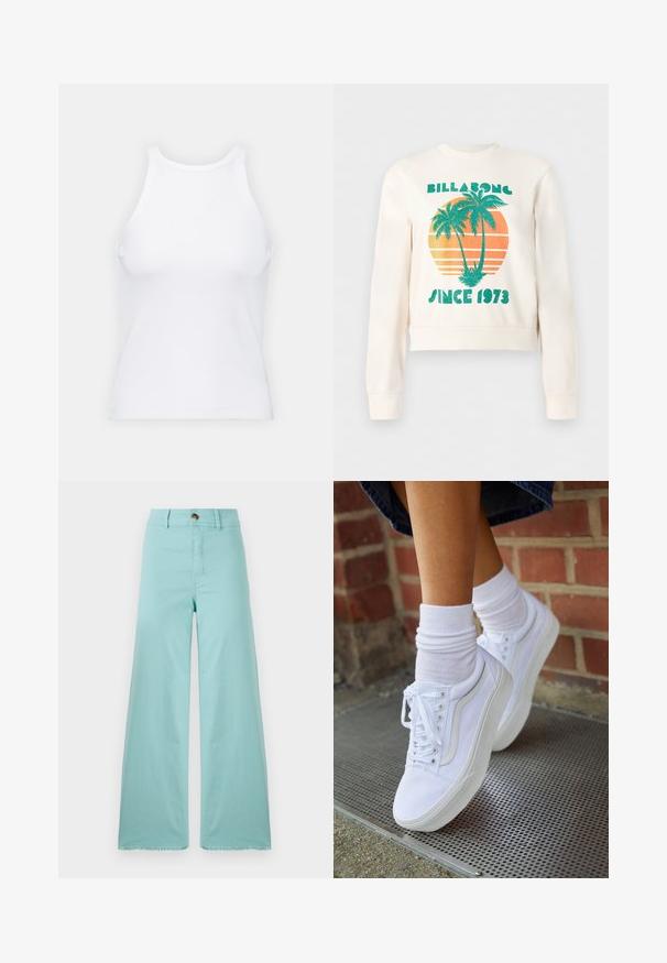 Kremfarvet sweatshirt med grønne palmetræer over en orange solnedgangscirkel, med teksten "Billabong" og "Since 1973" på fronten.; Hvid ærmeløs tanktop lavet af ribbet stof, med en rund halsudskæring og en tætsiddende silhuet, med minimale sømme og ingen pynt.; Bredde bukser lavet af lyseblå stof med en frynset kant. Har en knaplukning og standard lommer. Glat tekstur hele vejen igennem.; Hvide lærreds sneakers med gummisåler, der har seks snørehuller, rund tå og let sømdetaljer, krydret med hvide ankelstrømper.