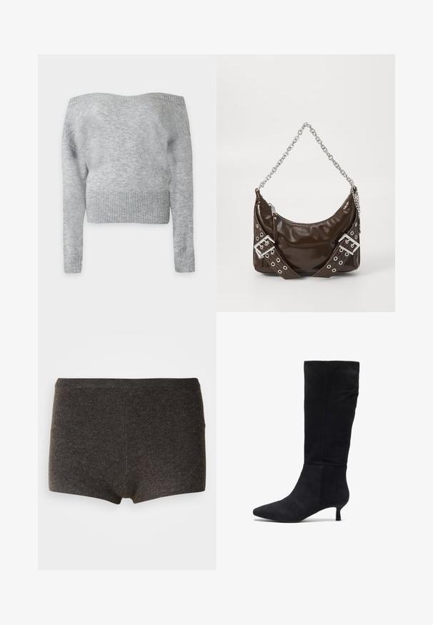 Lysegrå strikket off-shoulder sweater med lange ærmer og bred ribkant forneden og ved ærmerne, vist på en ensfarvet baggrund.; Mørkegrå bomuldsboxershorts med en glat tekstur, en bred elastisk talje og en behagelig pasform. Ingen synlige mønstre eller accenter.; Zign by Zalando Høje støvler/ Støvler - black; Mørkebrunt patentlæder håndtaske med sølv kæderekke, dekorerede dobbelte spænder og lynlås lukning.