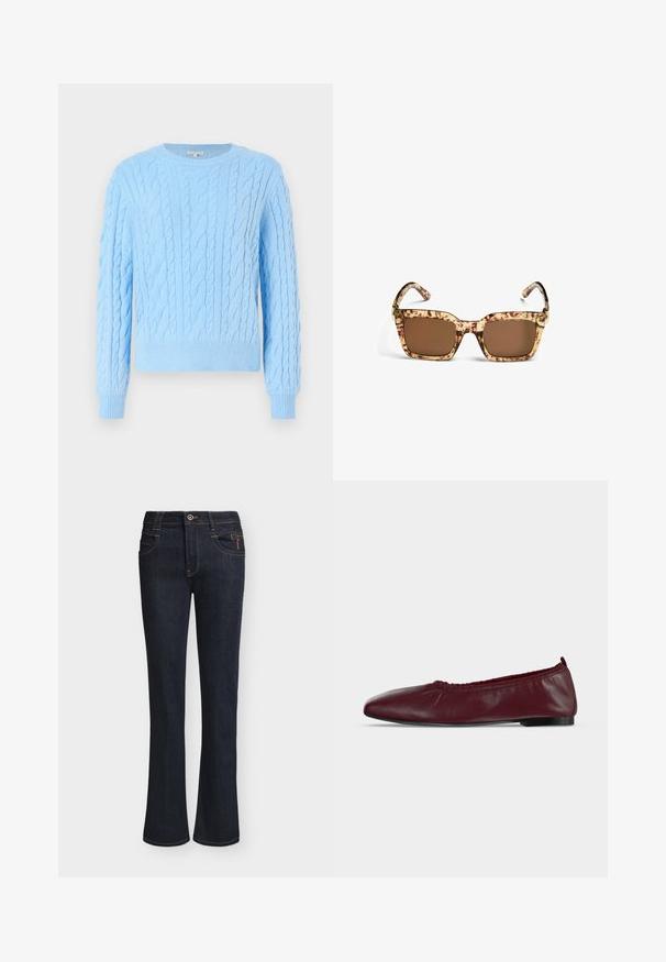 Lyseblå strikket sweater med et kabelstrik mønster, rund halsudskæring og ribkantede manchetter og bund. Blød tekstur og afslappet pasform.; Mørkeblå denimjeans med lette vide ben, frontknap og lynlåslukning, forlommer og synlige syningsdetaljer.; Bourgogne læder balletflad sko med samlet elastisk topkant og tynd sort sål på hvid baggrund.; Rektangulære brune solbriller med tykke stel og brune tonede linser, vist forfra på hvid baggrund.