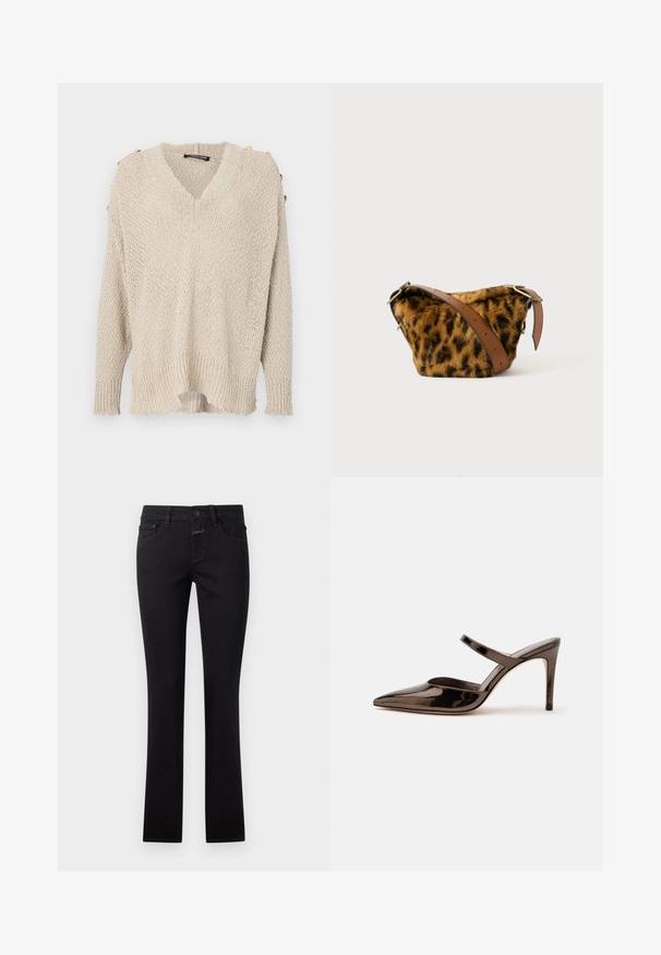 Beige Strickpullover mit V-Ausschnitt, überschnittenen Schultern und geripptem Saum. Verfügt über goldene Knöpfe an den Schultern und einem lockeren, strukturierten Stoff.; Schwarze Jeans aus Denim, mit einer figurbetonten Passform, Knopfverschluss und traditionellem Fünf-Taschen-Stil. Glatte Textur mit leichtem Stretch.; Glänzender dunkelbrauner Mule mit spitzer Spitze und hohem Absatz mit schmalem Riemen über dem Spann vor weißem, einfachem Hintergrund.; Tasche aus Leopardenmuster-Kunstfell mit einem braunen Ledertragegriff, aufgerundetem Design und goldenen Hardware-Akzenten.