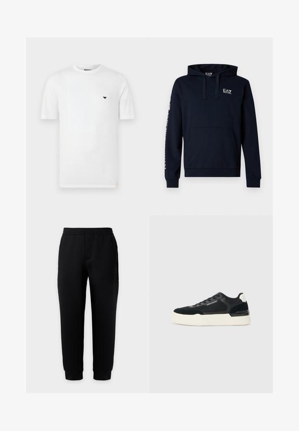 Sweat à capuche bleu marine en tissu mélangé coton, avec poche avant, capuche à cordon de serrage, et logo blanc sur la poitrine et la manche.; T-shirt en coton blanc avec col rond et manches courtes. Présente un petit logo noir sur le côté gauche de la poitrine. Texture lisse, coupe décontractée.; Pantalon de jogging noir ajusté avec taille et poignets élastiques, poches latérales et logo discret sur la cuisse droite sur fond uni.; Baskets noires en mesh et en cuir, avec une épaisse semelle blanche et des accents contrastés. Lacets et logo sur le côté.