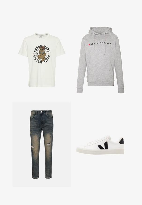 Grijze katoenen hoodie met een trekkoordkap, een voorzak en de tekst "DENIM PROJECT" in zwart met een rode stipaccent. Normale pasvorm.; Witte katoen T-shirt met een grafiek van een beer in een zonnebril en een hoed, met de tekst "SOUND WAVE VINTAGE VIBES" in vette letters.; Denim jeans hebben een vervaagde blauwe kleur, slim fit, versleten details met zichtbare scheuren, een vijf-pockets ontwerp en een knoopsluiting.; Witte leren sneaker met zwarte suède accenten; voorzien van een rubberen zool, ronde neus en een klassieke vetersluiting. Zijkant met logo in het zwart.