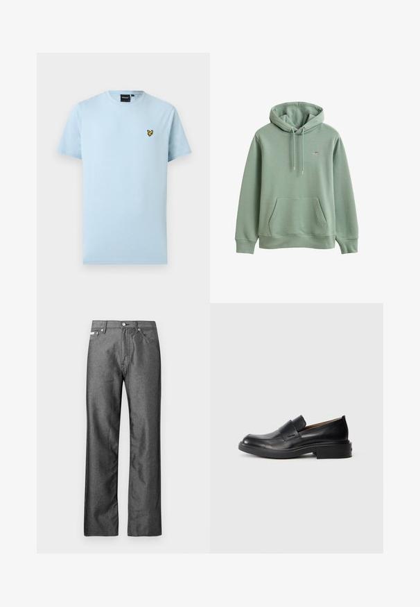 Lysegrøn pullover-hoodie med frontlomme, justerbar snøre i hætten, ribmanchetter og lille broderet logo på brystet.; Lyseblå kortærmet T-shirt med rund hals og lille gul og sort fuglelogo på venstre bryst, ensfarvet design på hvid baggrund.; Grå denimjeans med lige ben, fem lommer samt metal knapper og nitter. Har en diskret tekstur.; Sorte læder slip-on dress sko med lav hæl og subtil Calvin Klein logo på siden, vist i profil på en hvid baggrund.