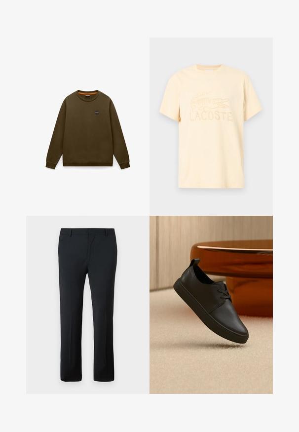 Langärmliges olivgrünes Sweatshirt mit Rundhalsausschnitt, kleinem rundem Logo-Patch auf der linken Brust sowie gerippten Bündchen und Saum.; Lacoste-Logo-T-Shirt in hellem Pastellgelb. Aus Baumwolle gefertigt, mit Rundhalsausschnitt und kurzen Ärmeln, bestickt mit Krokodil-Design und Markenname.; Schwarze maßgeschneiderte Hosen mit glatter Textur, geradem Bein, sicherem Bund und ohne sichtbare Muster oder Verzierungen.; Schwarzer Freizeit-Sneaker aus Leder mit Schnürsenkeln, schwebt über einem beigen Teppich, im Hintergrund ein bernsteinfarbenes, rundes Glastisch.