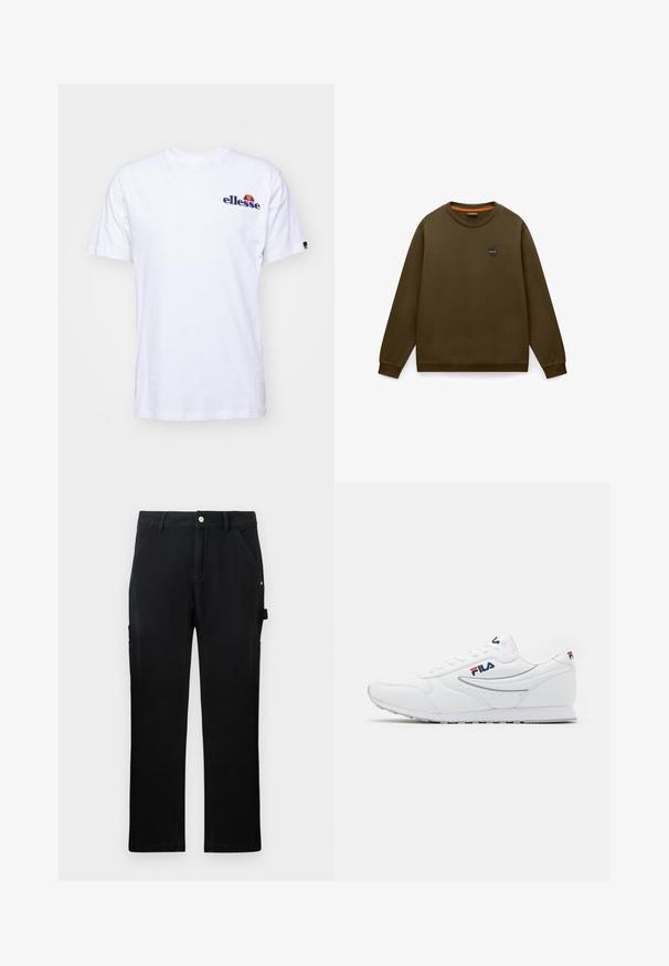 Langärmliges olivgrünes Sweatshirt mit Rundhalsausschnitt, kleinem rundem Logo-Patch auf der linken Brust sowie gerippten Bündchen und Saum.; Weißes Baumwoll-T-Shirt mit kurzen Ärmeln, das ein marineblaues gesticktes Logo auf der linken Brust und einen lebhaften Farbakzent über dem Logo präsentiert.; Schwarze gerade Arbeits hose mit vorderen Taschen, Gürtelschlaufen, Knopfverschluss und seitlicher Werkzeugschlaufe auf einfarbigem Hintergrund.; Weißer Sportschuh aus Synthetikleder, mit niedriger Schnittform, Schnürverschluss und Fila-Logo-Akzenten in Rot und Blau. Dünne Gummisohle.
