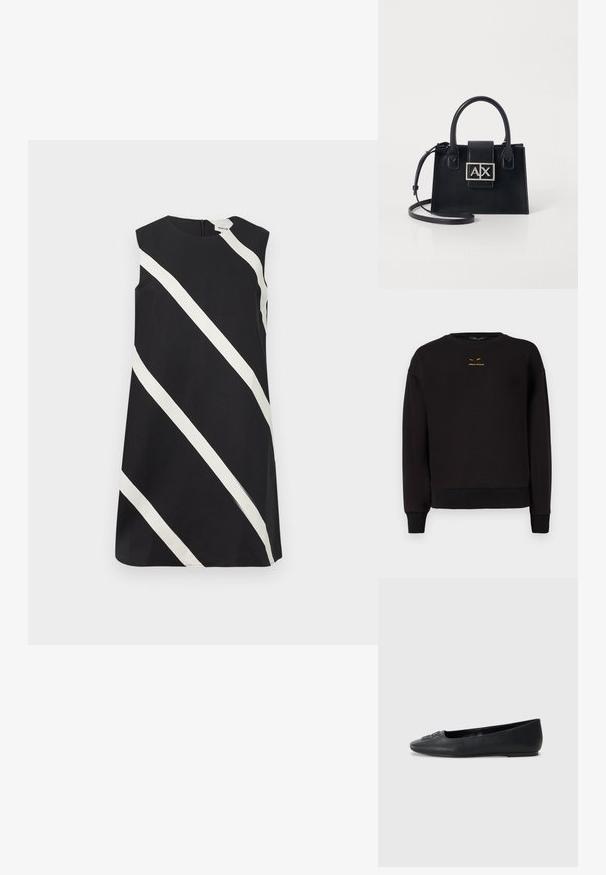 Sort sweatshirt lavet af blødt stof med en runde halsudskæring, ribbede manchetter og kant. Bemærkelsesværdig gul broderi af "A|REMAN EXCHANGE" på forsiden.; Sort ærmeløs kjole med brede hvide diagonale striber og en rund halsudskæring.; Sort læder balletflad med en glat tekstur, afrundet tå og subtil dekorativ detaljering foran. Lav flad hæl.; Sort læder håndtaske med en struktureret design, top håndtag og en aftagelig skulderrem. Har en logo-plade i sølvfarve og en glat overflade.
