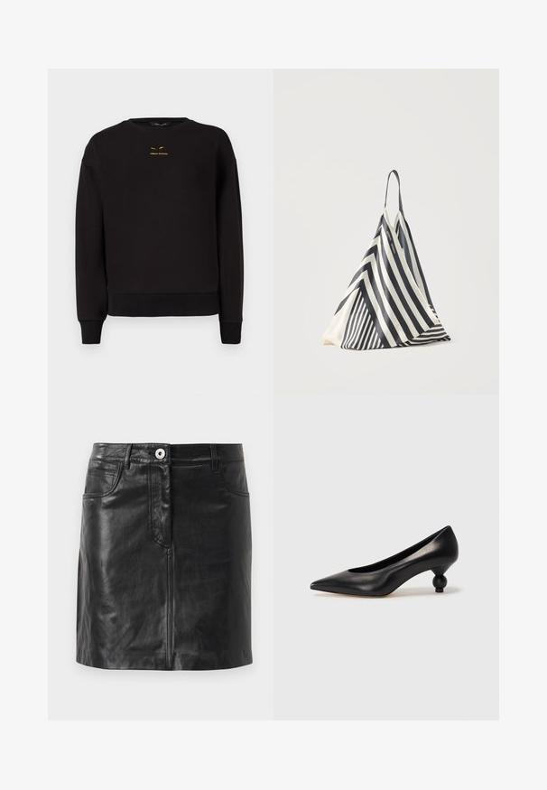 Sort sweatshirt lavet af blødt stof med en runde halsudskæring, ribbede manchetter og kant. Bemærkelsesværdig gul broderi af "A|REMAN EXCHANGE" på forsiden.; Weekend Max Mara HULL - Pencil skirt - nero; Sort læder høje hæle med spids tå og rund, kugleformet hæl. Glat tekstur med et stilrent, minimalistisk design.; Sort-hvid stribet trekantet stofpose med en enkelt skulderrem, stående oprejst på en ensfarvet lys baggrund.