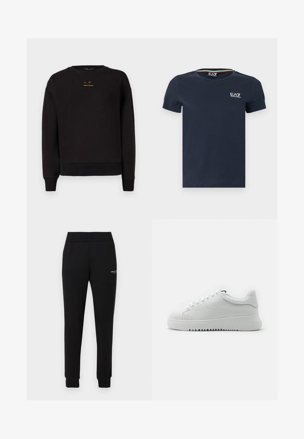 Sort sweatshirt lavet af blødt stof med en runde halsudskæring, ribbede manchetter og kant. Bemærkelsesværdig gul broderi af "A|REMAN EXCHANGE" på forsiden.; Marineblå bomulds-t-shirt med korte ærmer, rund hals og EA7-logo i hvid på brystet. Har en tekstureret kant ved halsudskæringen.; Sorte, tilspidsede sweatpants med elastisk talje og manchetter, med lille gyldent "Armani Exchange"-logo på højre lår.; Hvide sneakers med en struktureraad læderoverdel, rund tå og snørebåndsdesign. Tykk hvid gummisål med struktureret grebsmønster.