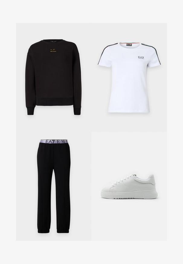 Μαύρο sweatshirt φτιαγμένο από μαλακό ύφασμα με λαιμόκοψη, ριμπ μανίκια και ριμπ στρίφωμα. Ξεχωριστή κίτρινη κεντημένη επιγραφή "A|REMAN EXCHANGE" στο μπροστινό μέρος.; Άσπρο βαμβακερό μπλουζάκι με κοντά μανίκια, με αντίθετες μαύρες και πράσινες ρίγες στους ώμους και μικρό λογότυπο EA7 στο στήθος.; Μαύρο αθλητικό παντελόνι από απαλό ύφασμα, με φαρδιά ελαστική μέση που φέρει το λογότυπο "EA7", στενά μανσέτες και λείο ύφασμα.; Λευκά αθλητικά παπούτσια με υφασμένο δερμάτινο επάνω μέρος, στρογγυλή μύτη και σχέδιο με κορδόνια. Παχύ λευκό καουτσούκ σόλα με υφή που προσφέρει πρόσφυση.