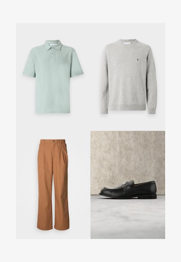 Suéter de punto gris claro con cuello redondeado, mangas largas, puños y dobladillo acanalados, que presenta un pequeño logo negro en el pecho.; Polo verde claro con un tejido texturizado, mangas cortas, cuello, tapeta de dos botones y un logotipo bordado en el pecho.; Pantalones de pierna ancha en un tejido marrón cálido, con cierre frontal de botones, pliegues sutiles y corte recto para un ajuste relajado.; Mocasín de cuero negro con una placa metálica de marca apoyado cerca de una mesa redonda marrón sobre un suelo alfombrado beige.