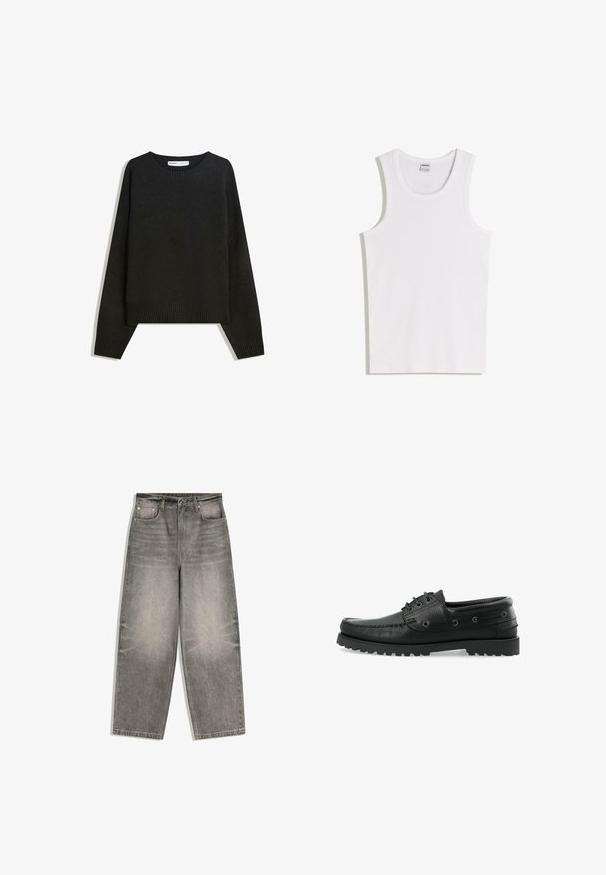 Sort striktrøje med rund halsudskæring, ribbede manchetter og nederste kant. Designet er rummeligt med dropped shoulders for en afslappet pasform.; Hvid bomulds tanktop med rund halsudskæring og brede skulderstropper. Glat tekstur, uden mønstre eller detaljer, enkelt design.; Grå denimjeans med vide ben, frontknap, lynlåslukning, bæltestropper og fem-lomme design lagt fladt på en hvid baggrund.; Sorte læder bådsko med tekstureret overflade, snørebåndsdesign, gummisål med trækkraft og metaløjer på siderne.