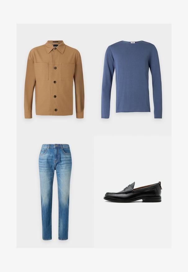 Langærmet, rundhals trøje i mellemblå. Fremstillet af blødt stof med en subtil tekstur. Rette snit og minimal detaljering.; BOSS CRAIG - Skjorter - medium beige; Lyseblå denimjeans med lige ben, høj talje, subtilt slid og klassisk fem-lomme-design. Metalknaplukning.; Sort læder herre loafer med moc-tå syning, penny strop, struktureret krave og lav stablet hæl på hvid baggrund.
