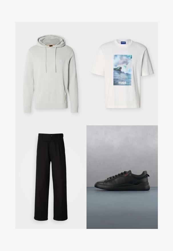 Lysegrå hættetrøje med frontlomme, justerbar snøre og lille firkantet logo på brystet. Blødt stof og standard pasform.; Hvid T-shirt med korte ærmer med blå, grønne og hvide havbølger og teksten "HUGO" centreret på forsiden.; Sorte bukser lavet af glat stof, med lige ben, frontfolder og en enkelt knaplukning i taljen.; HUGO BLAKE - Sneakers - black