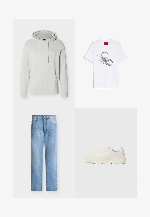 Sudadera con capucha gris claro con un bolsillo frontal, cordón ajustable y un pequeño logo cuadrado en el pecho. Tejido suave y ajuste estándar.; Camiseta blanca con un gráfico detallado de escorpión en negro centrado, texto "HUGO" espaciado arriba del escorpión y etiqueta de marca roja en el cuello.; Vaqueros de denim azul claro de pierna recta con cierre de botón y cremallera, bolsillos delanteros y traseros, y presillas para cinturón en la cintura.; Zapatillas blancas con un upper de cuero liso, puntera redonda, cordones planos y una suela de goma texturizada. Un detalle rojo se encuentra en el talón.