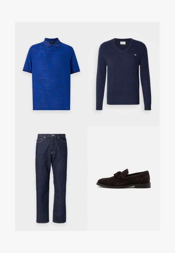 Marineblå V-hals sweater lavet af blødt strikket stof. Den har lange ærmer og et lille broderet logo på venstre bryst. Klassisk pasform.; Kortærmet polo t-shirt i livlig blå med et tekstureret palmebladsmønster, med krave og tre-knaps placket. Glat stof.; Mørkeblå denim jeans med lige ben-design. Har knappelukning og lynlås, fem lommer og kontraststikningsdetaljer.; Mørkebrun herre loafer i ruskind med kvaster, syninger og lav hæl, vist i profil på en ensfarvet baggrund.