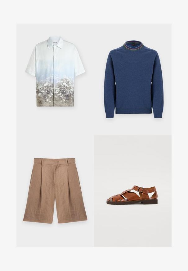 Pull bleu à manches longues avec poignets côtelés et col rond rayé multicolore.; Chemise à manches courtes boutonnée avec un dégradé bleu ciel vers un motif floral et de champ d’herbes en bas.; Shorts beige coupés sur mesure, longueur genou, avec passants de ceinture, plis à l'avant, poches latérales et taille ajustée sur fond blanc.; Sandales en cuir marron au design ouvert, avec des brides horizontales et verticales, fermeture à boucle et semelle en caoutchouc texturé.