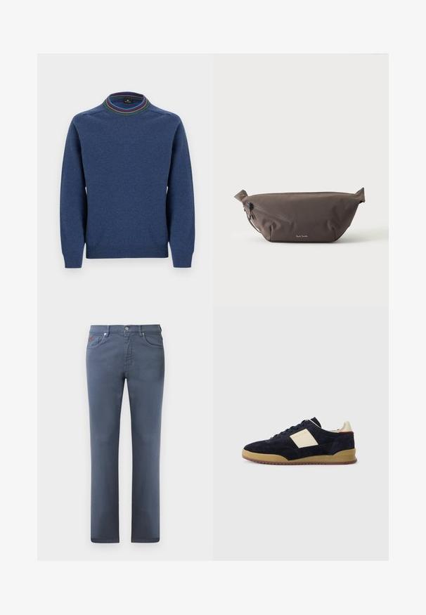 Blå langærmet sweater med ribbede ærmekanter og multifarvet stribet rundhalskrave.; Grå denimjeans med lige pasform, fem lommer og metalknaplukning. Har diskret syning og et lille logodesign.; Mørkeblå ruskinds-sneakers med cremefarvet sidepanel, gummisål og mørke snørebånd, med PS Paul Smith branding på siden og hælen.; Mørkebrun stof talje taske med diagonalt lynlåslomme og lille hvidt logo på fronten, sat mod en ensfarvet lys baggrund.
