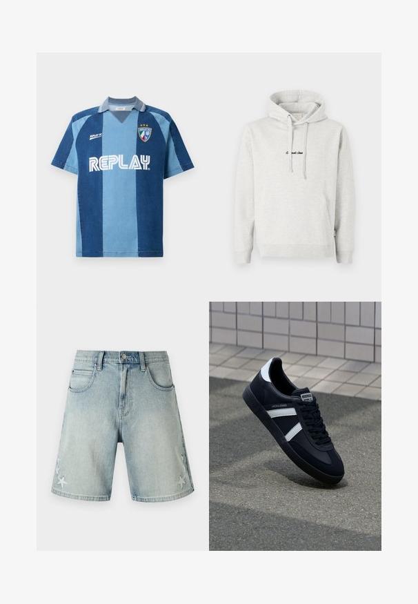 Lysegrå hættejakke med kengurulomme, snoretræk i hætten og broderet tekst i sort på fronten. Stoffet er en bomuldsblanding, ribbede manchetter.; Denim-inspireret jersey med korte ærmer, der har et mørkeblåt og lyseblåt stribet design, V-hals, og "REPLAY" logoet præsenteret tydeligt.; Lyseblå denimshorts med forlommer, bæltestropper, knaplukning og hvid stjernebroderi på begge underben.; Sort lædersneaker med hvide striber, tekstureret gummisål og snørrebånd foran. Har et brandet mærke på tungen.