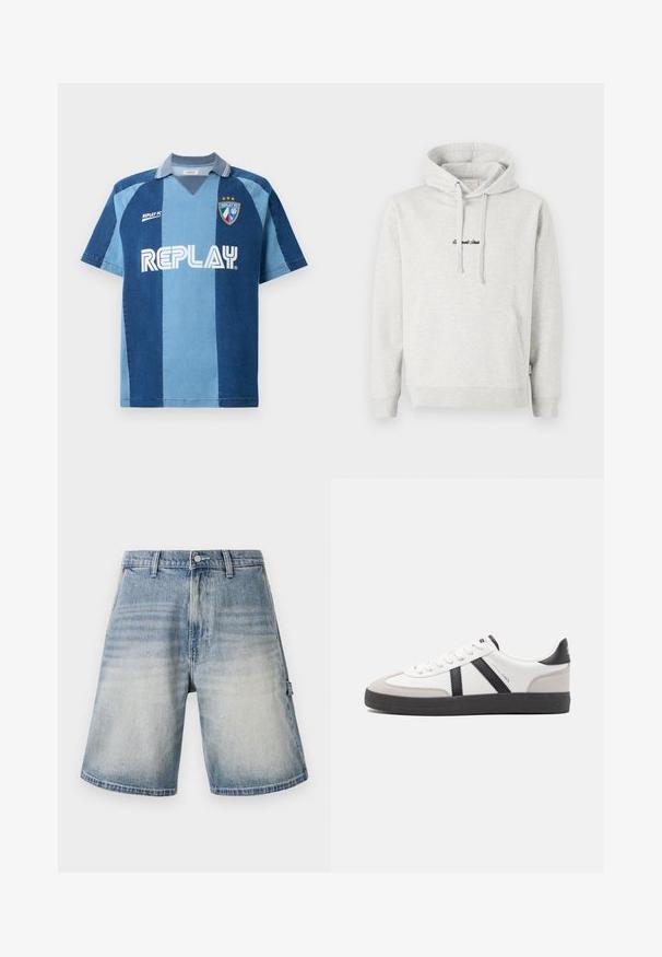 Hellgrauer Hoodie mit Kängurutasche, Kapuze mit Kordelzug und schwarzen gestickten Text auf der Vorderseite. Mischgewebe aus Baumwolle, gerippte Bündchen.; Jeans-inspiriertes Jersey mit kurzen Ärmeln, das ein dunkelblaues und hellblaues gestreiftes Design, einen V-Ausschnitt und das auffällig platzierte "REPLAY"-Logo aufweist.; Jeans-Shorts in einem verblassten Blauton, lockere Passform und gerade Schnittführung. Verfügt über fünf Taschen und Gürtelschlaufen mit einem dezenten, gebrauchten Muster.; Weiße Sneaker mit schwarz- und grau-aczenten, ausgestattet mit einer strukturierten grauen Zehenkappe, schwarzer Gummi-Sohle und flachen weißen Schnürsenkeln. Sauberes Design, minimalistische Stil.