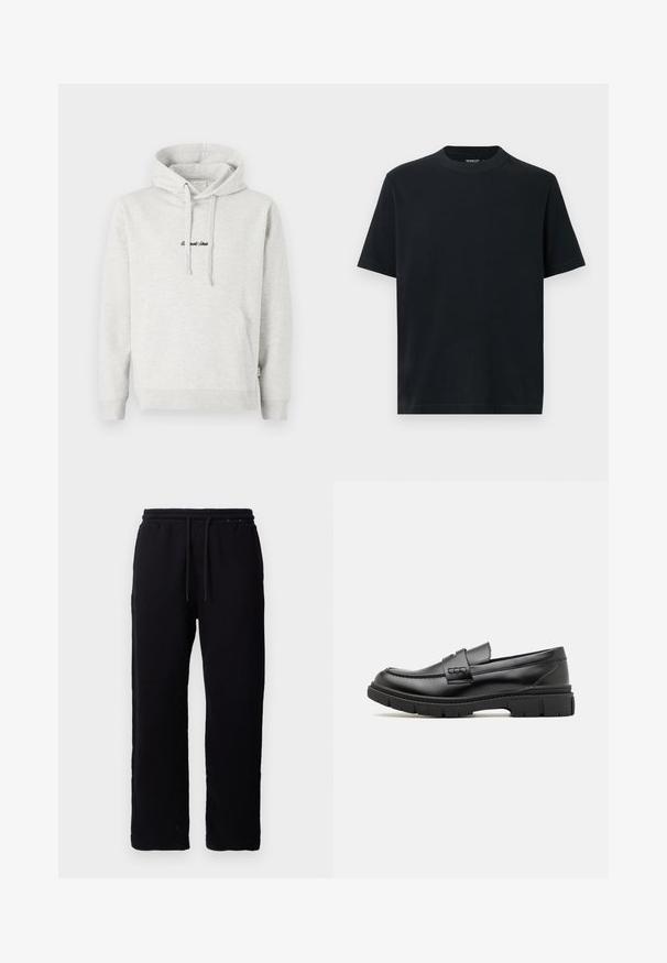 Lysegrå hættejakke med kengurulomme, snoretræk i hætten og broderet tekst i sort på fronten. Stoffet er en bomuldsblanding, ribbede manchetter.; Sort t-shirt med korte ærmer og rund hals, lavet af blød bomuld. Simpelt design uden mønstre eller pynt.; Sorte sweatpants lavet af bomuld, med elastisk talje og snore, lige ben design, og uden synlige mønstre eller detaljer.; Sort læder loafersko med en bred rem over forfoden, gummisål med tykke mønstre og glat overflade. Klassisk, slankt design.