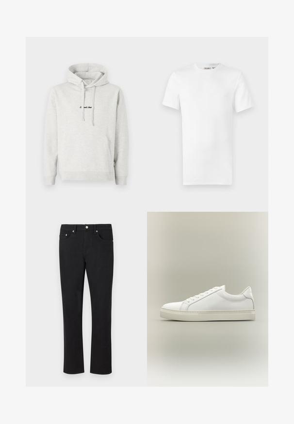 Hellgrauer Hoodie mit Kängurutasche, Kapuze mit Kordelzug und schwarzen gestickten Text auf der Vorderseite. Mischgewebe aus Baumwolle, gerippte Bündchen.; Ein schlichtes weißes T-Shirt mit kurzen Ärmeln und Rundhalsausschnitt, mit einem kleinen Markenetikett im Krageninneren, auf weißem Hintergrund dargestellt.; Schwarze Jeans aus Denim mit geradem Bein-Design, ausgestattet mit fünf Taschen und silbernem Zubehör sowie einer glatten Textur. Keine Muster oder Akzente.; Weißer Sneaker mit niedrigem Schaft, vorn mit Schnürung und dicker Sohle, aus der Seitenansicht vor neutralem Hintergrund.