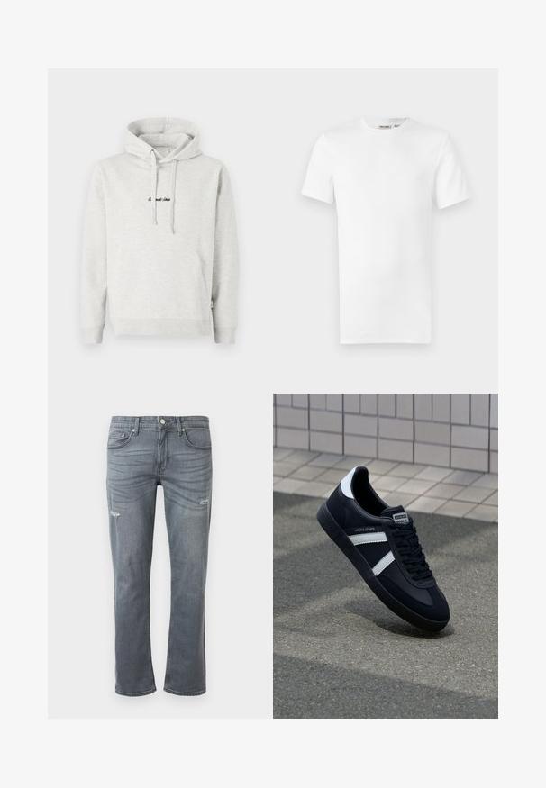 Hellgrauer Hoodie mit Kängurutasche, Kapuze mit Kordelzug und schwarzen gestickten Text auf der Vorderseite. Mischgewebe aus Baumwolle, gerippte Bündchen.; Ein schlichtes weißes T-Shirt mit kurzen Ärmeln und Rundhalsausschnitt, mit einem kleinen Markenetikett im Krageninneren, auf weißem Hintergrund dargestellt.; Graue Denim-Jeans mit geradem Bein, leichtem Distressing an den Knien und klassischem Fünf-Taschen-Design. Knopfverschluss an der Taille.; Schwarze Leder-Sneaker mit weißen Streifen, strukturiertem Gummisohle und Schnürung. Verfügt über ein Markenetikett auf der Zunge.