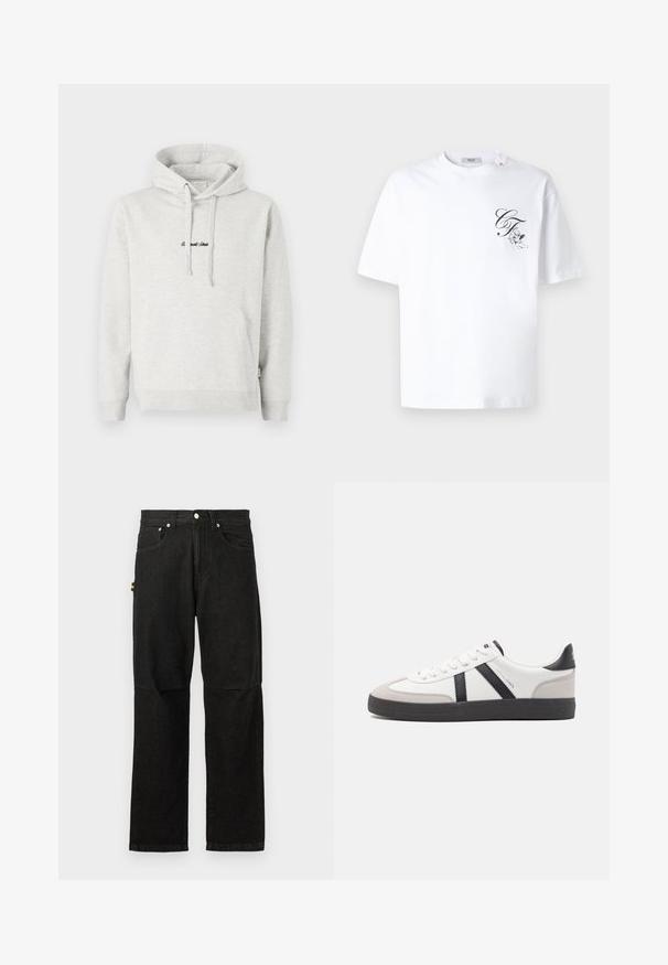 Hellgrauer Hoodie mit Kängurutasche, Kapuze mit Kordelzug und schwarzen gestickten Text auf der Vorderseite. Mischgewebe aus Baumwolle, gerippte Bündchen.; Weißes T-Shirt mit kurzen Ärmeln, auf der linken Brust bedruckt mit einem kleinen schwarzen „CF“ in Kursivschrift und einem Cherub, der einen Bogen hält.; Schwarze Denim-Hosen mit geradem Bein, ausgestattet mit Fronttaschen, einem Knopfverschluss und minimalistischer Hardware für einen klaren Look.; Weiße Sneaker mit schwarz- und grau-aczenten, ausgestattet mit einer strukturierten grauen Zehenkappe, schwarzer Gummi-Sohle und flachen weißen Schnürsenkeln. Sauberes Design, minimalistische Stil.