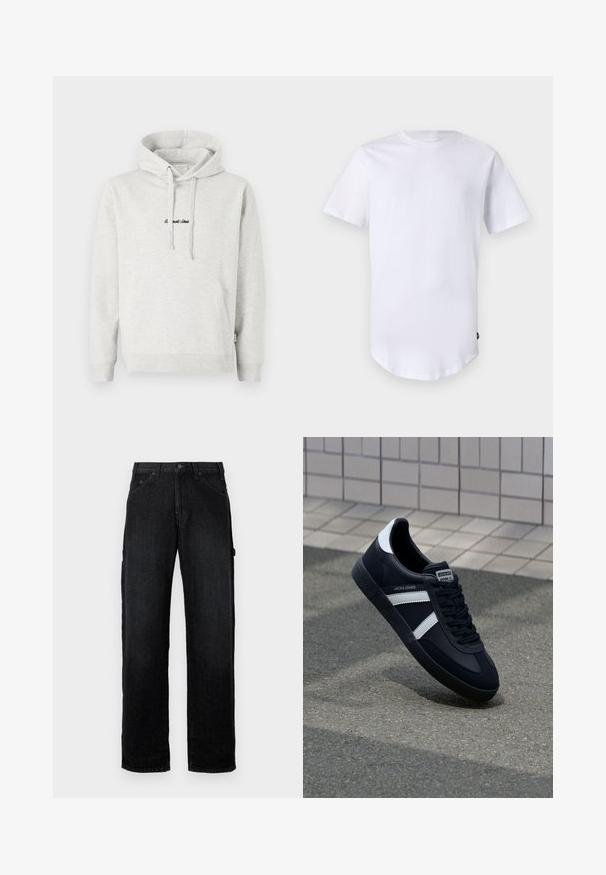 Lichtgrijze hoodie met een kangoeroezak, een capuchon met trekkoord en geborduurde tekst in het zwart aan de voorkant. Gemaakt van een katoenblend, met ribgebreide manchetten.; Witte katoenen t-shirt met korte mouwen. Rond de hals ontwerp met een gebogen zoom. Label zichtbaar aan de onderste linkerzijde. Gladde textuur.; Zwarte denim jeans met een rechte pijp, voorzien van voorzakken, knoopsluiting en zijzakken voor extra opbergruimte.; Zwarte leren sneaker met witte strepen, een gestructureerde rubberen zool en vetersluiting aan de voorkant. Voorzien van een merklabel op de tong.