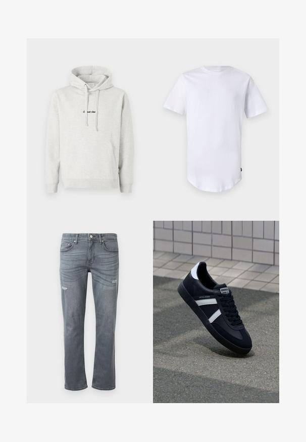Hellgrauer Hoodie mit Kängurutasche, Kapuze mit Kordelzug und schwarzen gestickten Text auf der Vorderseite. Mischgewebe aus Baumwolle, gerippte Bündchen.; Weißes T-Shirt mit kurzen Ärmeln aus Baumwolle. Rundhalsausschnitt mit abgerundetem Saum. Etikett auf der unteren linken Seite sichtbar. Glatte Textur.; Graue Denim-Jeans mit geradem Bein, leichtem Distressing an den Knien und klassischem Fünf-Taschen-Design. Knopfverschluss an der Taille.; Schwarze Leder-Sneaker mit weißen Streifen, strukturiertem Gummisohle und Schnürung. Verfügt über ein Markenetikett auf der Zunge.
