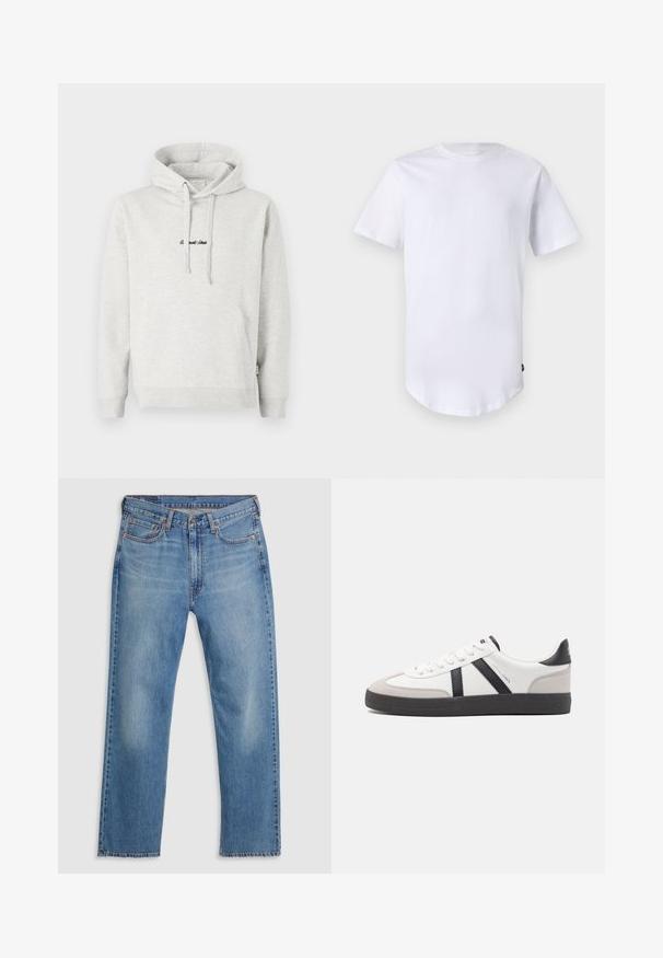 Sudadera gris claro con un bolsillo tipo canguro, capucha con cordón y texto bordado en negro en la parte delantera. Tejido de mezcla de algodón, puños acanalados.; Camiseta blanca de manga corta hecha de algodón. Diseño de cuello redondo con dobladillo curvado. Etiqueta visible en el lado inferior izquierdo. Textura suave.; Vaqueros de mezclilla azul de pierna recta con cierre frontal de botón y cremallera, trabillas para cinturón y diseño de cinco bolsillos sobre un fondo blanco.; Zapatilla blanca con acentos en negro y gris, que presenta una puntera texturizada en gris, suela de goma negra y cordones planos blancos. Diseño limpio, estilo minimalista.