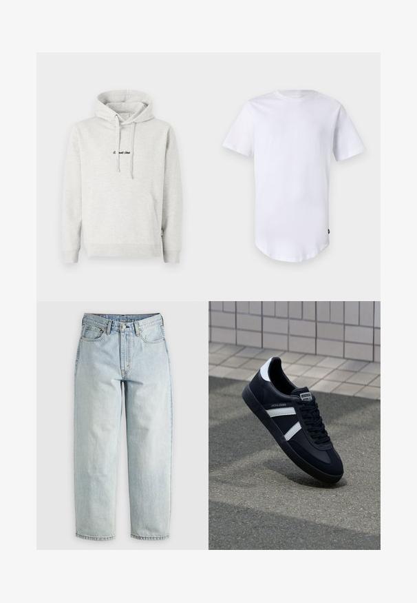 Lichtgrijze hoodie met een kangoeroezak, een capuchon met trekkoord en geborduurde tekst in het zwart aan de voorkant. Gemaakt van een katoenblend, met ribgebreide manchetten.; Witte katoenen t-shirt met korte mouwen. Rond de hals ontwerp met een gebogen zoom. Label zichtbaar aan de onderste linkerzijde. Gladde textuur.; Lichtblauwe denim jeans met een rechtBeen, vijf zakken en een knoopsluiting; heeft vervaagde gebieden en subtiele stikdetails.; Zwarte leren sneaker met witte strepen, een gestructureerde rubberen zool en vetersluiting aan de voorkant. Voorzien van een merklabel op de tong.