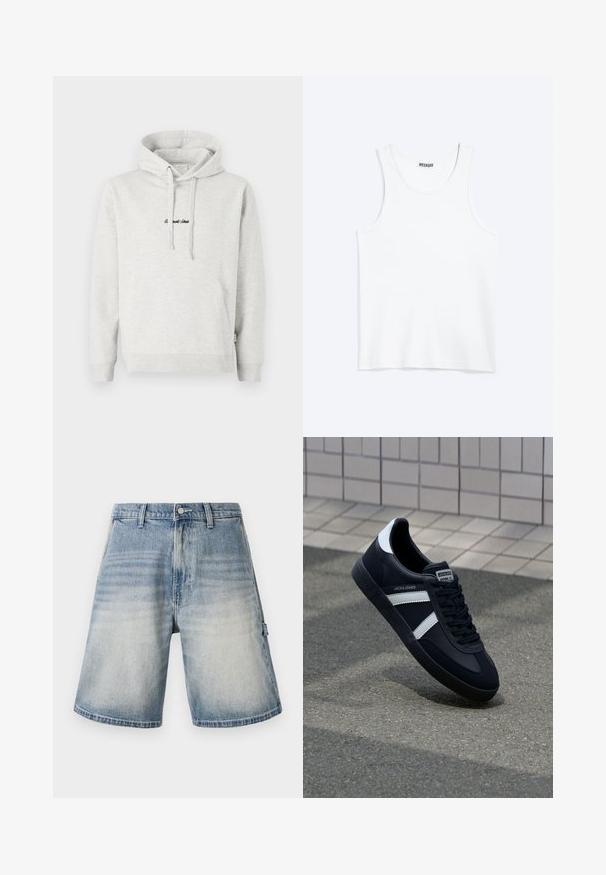 Sudadera gris claro con un bolsillo tipo canguro, capucha con cordón y texto bordado en negro en la parte delantera. Tejido de mezcla de algodón, puños acanalados.; Camiseta sin mangas blanca con cuello redondo y etiqueta de la marca Weekday en el interior del cuello trasero, mostrada plana sobre un fondo claro.; Shorts de mezclilla de color azul deslavado, de corte recto y ajuste holgado. Cuentan con cinco bolsillos y pasadores para cinturón, además de un sutil patrón desgastado.; Zapatilla de cuero negra con rayas blancas, suela de goma texturizada y parte frontal con cordones. Cuenta con una etiqueta de marca en la lengüeta.