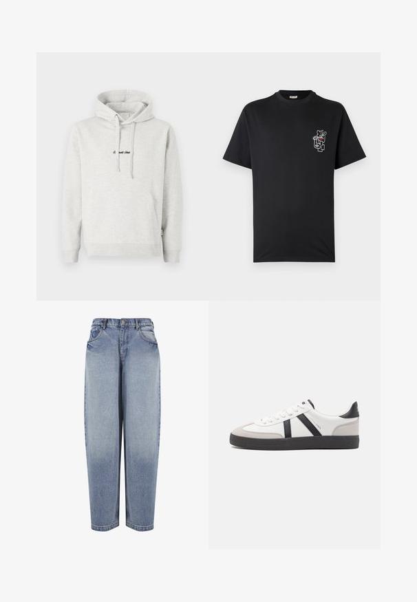 Sudadera gris claro con un bolsillo tipo canguro, capucha con cordón y texto bordado en negro en la parte delantera. Tejido de mezcla de algodón, puños acanalados.; Camiseta negra de manga corta con pequeño diseño abstracto de cara blanca con acentos rojos y verdes en el área del pecho izquierdo.; Vaqueros azules de mezclilla de tiro alto y corte holgado, con bolsillos delanteros, trabillas para cinturón, cierre de botones y detalles desgastados a lo largo de las piernas.; Zapatilla blanca con acentos en negro y gris, que presenta una puntera texturizada en gris, suela de goma negra y cordones planos blancos. Diseño limpio, estilo minimalista.