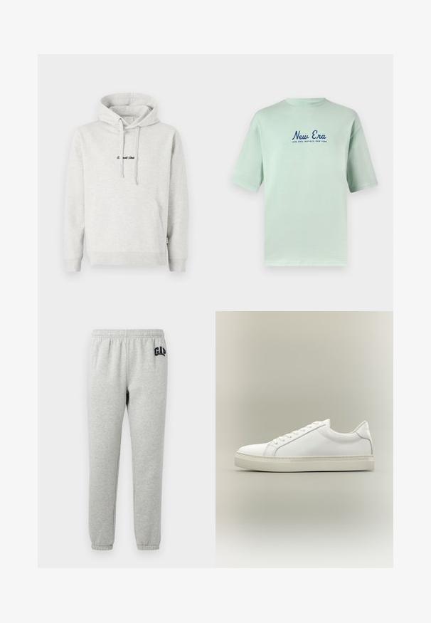 Lichtgrijze hoodie met een kangoeroezak, een capuchon met trekkoord en geborduurde tekst in het zwart aan de voorkant. Gemaakt van een katoenblend, met ribgebreide manchetten.; Mintgroene katoenen t-shirt met korte mouwen, met bovenaan de navyblauwe tekst "New Era" en daaronder de tekst "Lake Erie, Buffalo, New York" gedrukt.; Grijze sweats met een elastische tailleband, cuffed enkels, en een marineblauwe "GAP" logo op de linker boven dij. Zachte, katoenen stofmix.; Witte lage sneaker met veters aan de voorkant en dikke zool, zijaanzicht tegen een neutrale achtergrond.