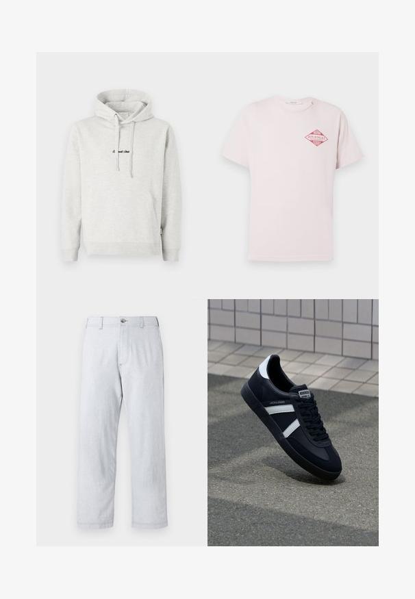 Hoodie gris clair avec une poche kangourou, capuche avec cordon de serrage et texte brodé en noir sur le devant. Tissu en mélange de coton, poignets côtelés.; T-shirt rose clair à manches courtes avec un graphisme rouge en forme de losange indiquant « Miami Replay Palace Florida » sur le côté gauche de la poitrine.; Pantalons gris clair à jambe droite en tissu texturé. Dotés d'une fermeture à bouton à l'avant et de passants de ceinture. Sans motifs ni accents visibles.; Sneaker en cuir noir avec des rayures blanches, semelle en caoutchouc texturée et devant à lacets. Présente une étiquette de marque sur la languette.