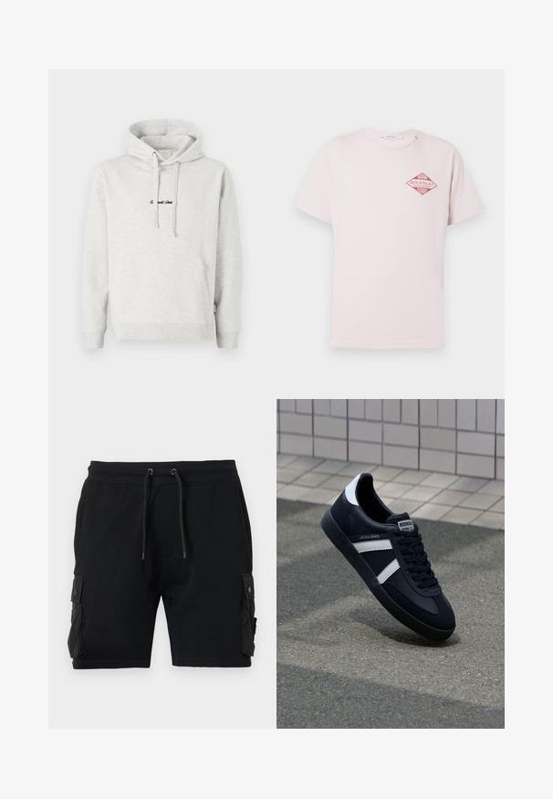 Lysegrå hættejakke med kengurulomme, snoretræk i hætten og broderet tekst i sort på fronten. Stoffet er en bomuldsblanding, ribbede manchetter.; Lyserød T-shirt med korte ærmer og en rød diamantformet grafik med teksten "Miami Replay Palace Florida" på den øverste venstre bryst.; Sort cargo shorts lavet af en bomuldsblanding, med to sidelommer, justerbar talje med snor og en glat tekstur.; Sort lædersneaker med hvide striber, tekstureret gummisål og snørrebånd foran. Har et brandet mærke på tungen.