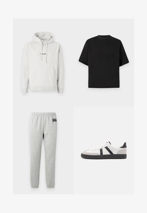 Hellgrauer Hoodie mit Kängurutasche, Kapuze mit Kordelzug und schwarzen gestickten Text auf der Vorderseite. Mischgewebe aus Baumwolle, gerippte Bündchen.; Schwarzes T-Shirt mit kurzen Ärmeln in lockerer Passform, aus glattem Baumwollmaterial, mit rundem Ausschnitt und minimalistischem Design.; Graue Jogginghose mit elastischem Bund, abgeklebten Knöcheln und einem dunkelblauen "GAP"-Logo auf dem linken Oberschenkel. Weicher Baumwollmischstoff.; Weiße Sneaker mit schwarz- und grau-aczenten, ausgestattet mit einer strukturierten grauen Zehenkappe, schwarzer Gummi-Sohle und flachen weißen Schnürsenkeln. Sauberes Design, minimalistische Stil.