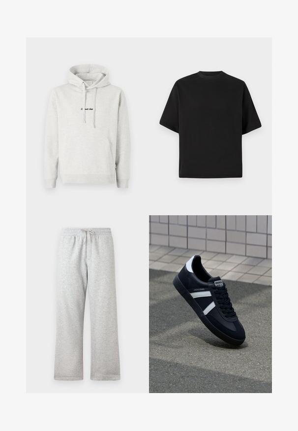 Hoodie gris clair avec une poche kangourou, capuche avec cordon de serrage et texte brodé en noir sur le devant. Tissu en mélange de coton, poignets côtelés.; T-shirt noire à manches courtes au fit ample, fabriquée en coton lisse, avec un col rond et un design minimaliste.; Pantalons de survêtement gris clair avec taille élastique et cordon beige, coupe droite, présentés sur un fond blanc.; Sneaker en cuir noir avec des rayures blanches, semelle en caoutchouc texturée et devant à lacets. Présente une étiquette de marque sur la languette.