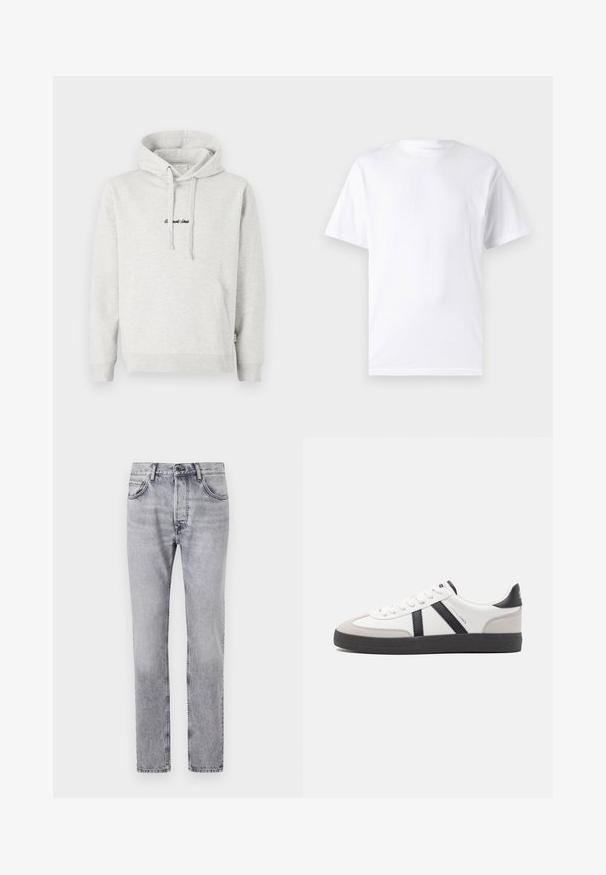 Lysegrå hættejakke med kengurulomme, snoretræk i hætten og broderet tekst i sort på fronten. Stoffet er en bomuldsblanding, ribbede manchetter.; Hvid kortærmet t-shirt lavet af bomuld med rund hals, der har en glat tekstur og et simpelt design uden mønstre eller accenter.; Grå denimjeans har en lige pasform, fem lommer og diskrete falmede detaljer. Metalknap og lynlås lukning foran.; Hvide sneakers med sorte og grå detaljer, med en tekstureret grå tåhætte, sort gummisål og flade hvide snørebånd. Rent design, minimalistisk stil.