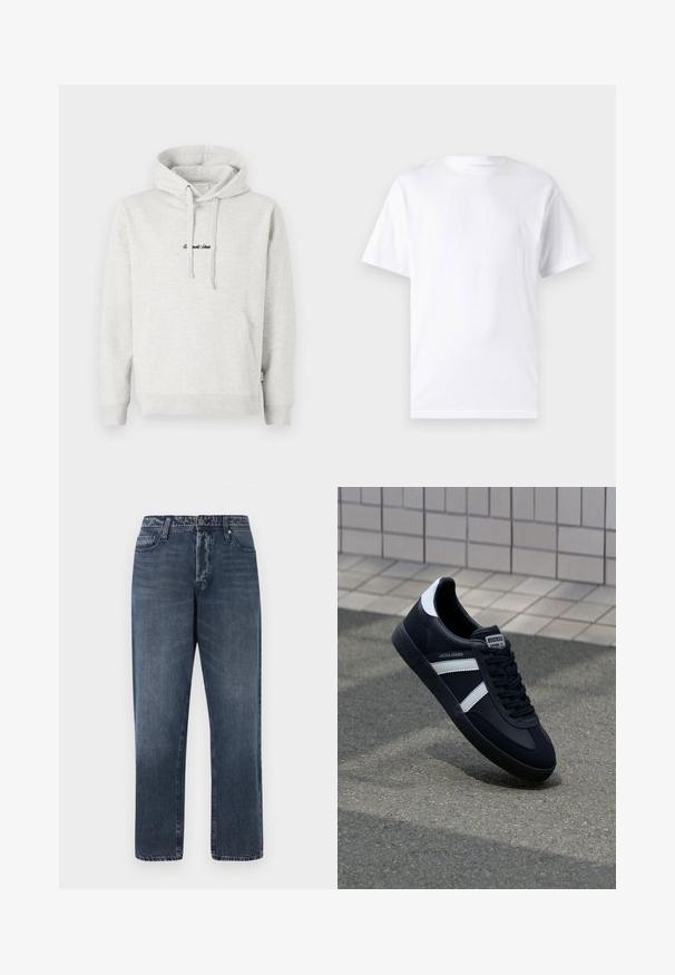 Lichtgrijze hoodie met een kangoeroezak, een capuchon met trekkoord en geborduurde tekst in het zwart aan de voorkant. Gemaakt van een katoenblend, met ribgebreide manchetten.; Witte T-shirt met korte mouwen, gemaakt van katoen, met een ronde hals. Het heeft een gladde textuur en een eenvoudig ontwerp zonder patronen of accenten.; Jack & Jones Loose-fit JJIEDDIE JJORIGINAL SQ 227 - Baggy jeans - blue denim; Zwarte leren sneaker met witte strepen, een gestructureerde rubberen zool en vetersluiting aan de voorkant. Voorzien van een merklabel op de tong.