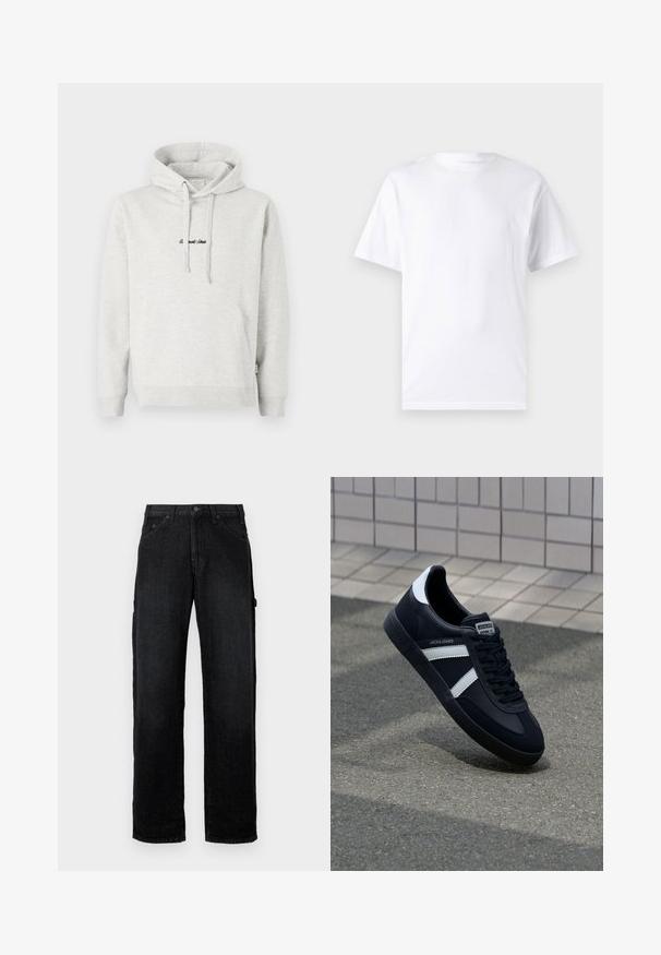 Hellgrauer Hoodie mit Kängurutasche, Kapuze mit Kordelzug und schwarzen gestickten Text auf der Vorderseite. Mischgewebe aus Baumwolle, gerippte Bündchen.; Weißes kurzärmeliges T-Shirt aus Baumwolle mit Rundhalsausschnitt, das eine glatte Textur und ein einfaches Design ohne Muster oder Akzente aufweist.; Schwarze Denim-Jeans mit geradem Bein, ausgestattet mit Fronttaschen, Knopfschluss und seitlichen Taschen für zusätzlichen Stauraum.; Schwarze Leder-Sneaker mit weißen Streifen, strukturiertem Gummisohle und Schnürung. Verfügt über ein Markenetikett auf der Zunge.