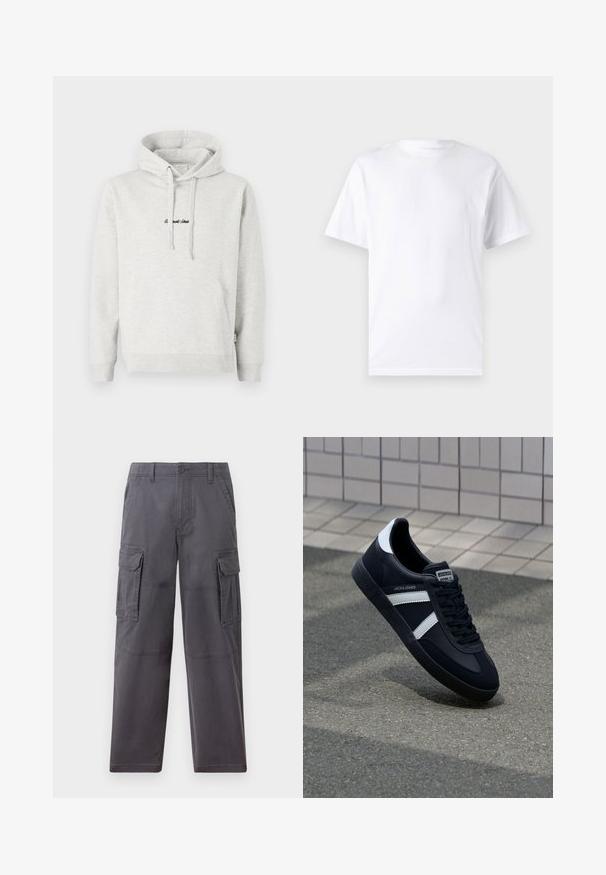 Lichtgrijze hoodie met een kangoeroezak, een capuchon met trekkoord en geborduurde tekst in het zwart aan de voorkant. Gemaakt van een katoenblend, met ribgebreide manchetten.; Witte T-shirt met korte mouwen, gemaakt van katoen, met een ronde hals. Het heeft een gladde textuur en een eenvoudig ontwerp zonder patronen of accenten.; Hollister Co. SKATER BAGGY - Cargobroek - grey; Zwarte leren sneaker met witte strepen, een gestructureerde rubberen zool en vetersluiting aan de voorkant. Voorzien van een merklabel op de tong.